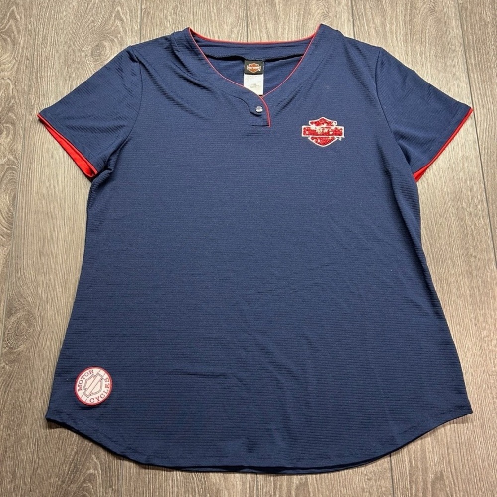 Harley-Davidson Womens XL Navy Blue Ribbed Henley Top Y2K Brandt's Marion IN